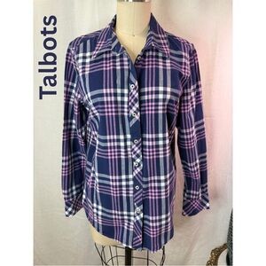 Talbots Plaid Button Down Shirt Size M Navy Pink Long Sleeve Classic Top